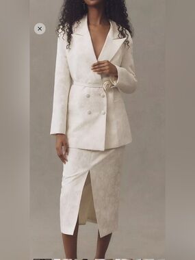 Anthropologie Hutch Cream Textured suit jacket rose belt Pencil Skirt 2